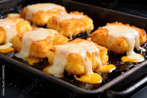 nuggets topped with melted cheese on a griddle