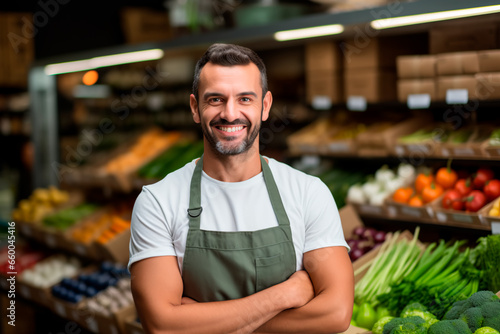 A handsome male supermarket worker on a background of fresh vegetables and fruits.