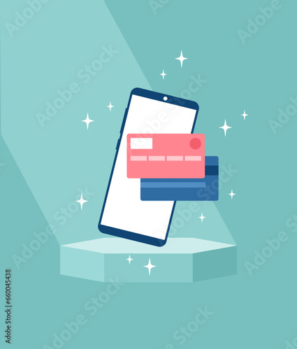 Smartphone with credit cards on screen on pedestal under spotlight. Mobile banking concept. Vector illustration in flat style
