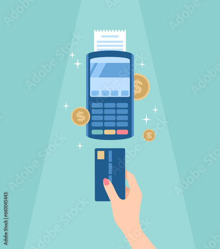 Hand with credit card and POS terminal. Cashless contactless payment. Flat vector illustration
