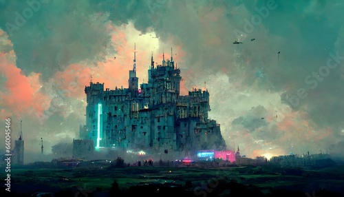 medieval castle in a cyberpunk setting 