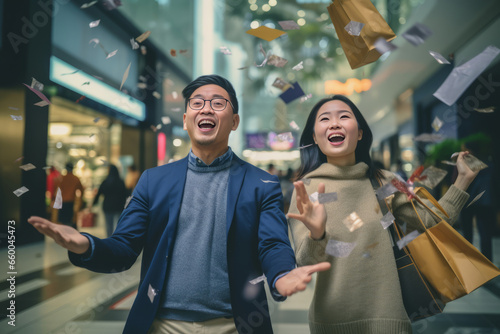 Happy asian couple holding shopping bags in shopping mall. Christmas and New Year holiday concept.