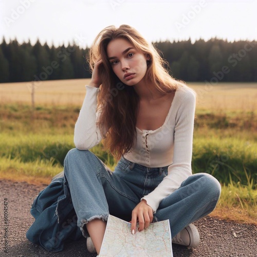 woman sitting on the road holding a map