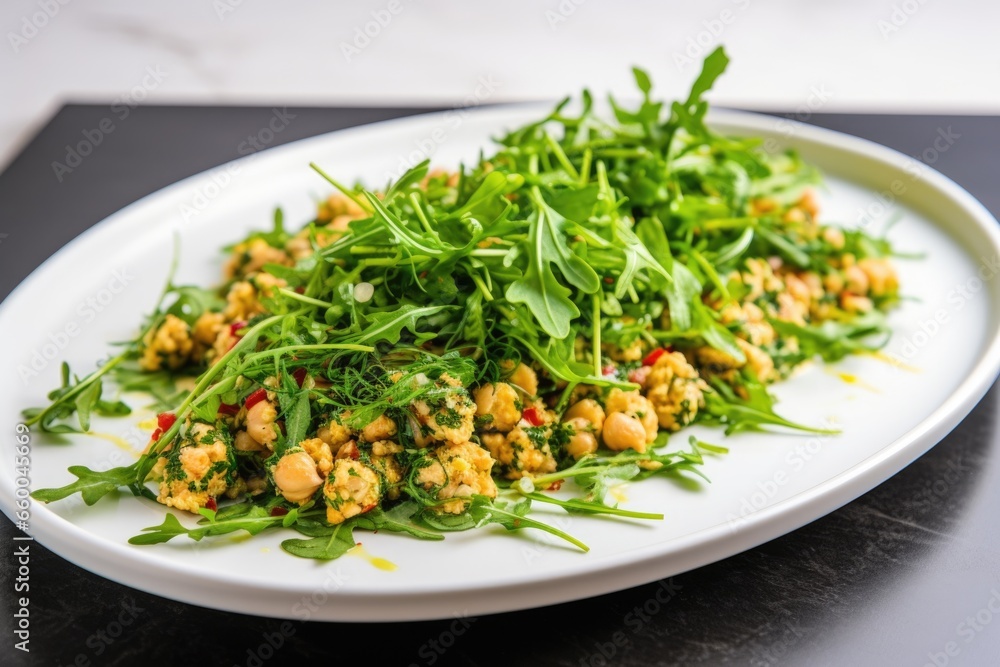 chickpea salad with arugula on a white plate chickpea salad with arugula on a white plate
