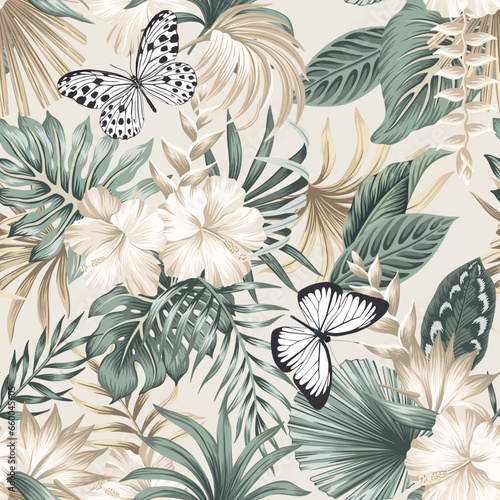 Tropical hibiscus and palm leaves with butterfly floral pattern. 