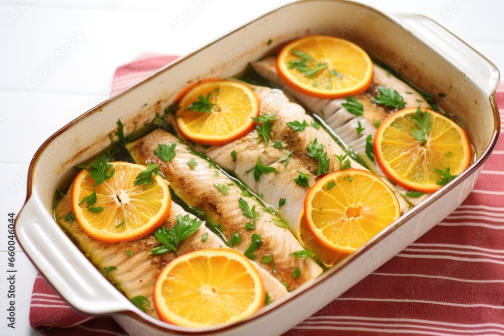 marinated fish in a baking dish with citrus slices on top marinated fish in a baking dish with citrus slices on top