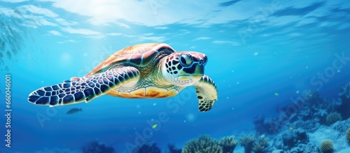 Underwater hawksbill turtle in the ocean With copyspace for text photo