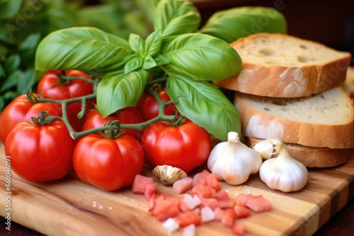 close-up of tomatoes, basil, garlic, and bread on wooden board