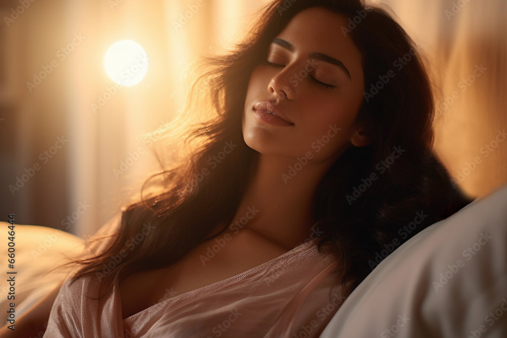 A woman sleeps in bed, indoors, with her eyes closed. A woman sleeps in bed, indoors, with her eyes closed.
