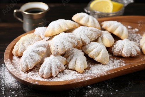 almond crescent cookies dusted with icing sugar on a wooden tray