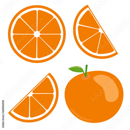 Ilustración vectorial de una naranja. Diseño de una naranja y en porciones.