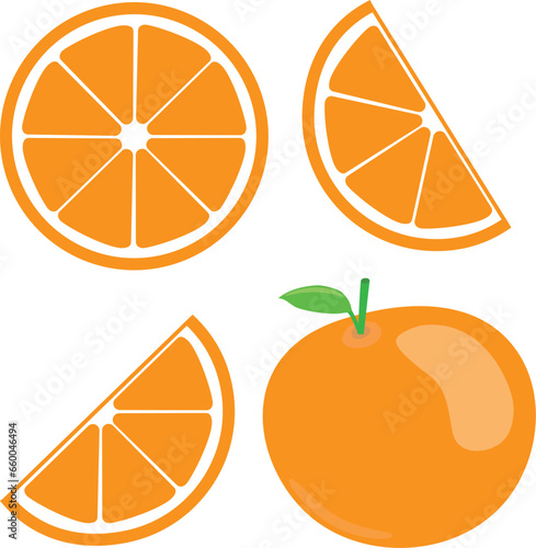 Ilustración vectorial de una naranja. Diseño de una naranja y en porciones.