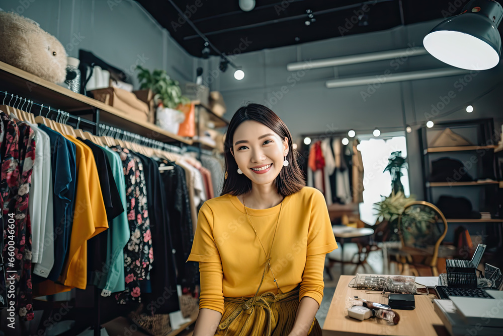 portrait of smiling woman blogger in casual portrait of smiling woman blogger in casual