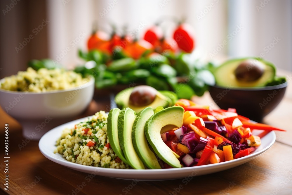 sliced avocados topping a couscous and vegetable salad