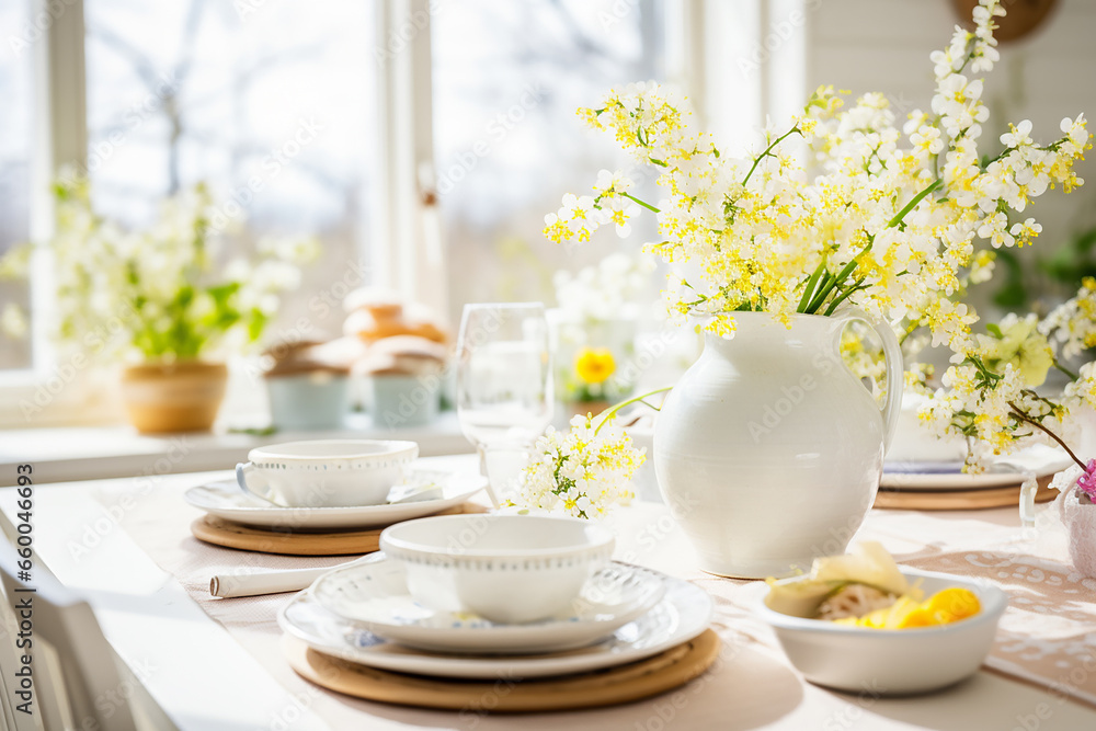 Easter Table with Spring Flowers in a Sunny April Kitchen - Created with Generative AI Tools