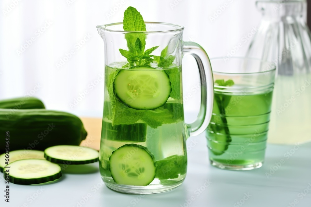 pitcher of cucumber and mint water with a ladle pitcher of cucumber and mint water with a ladle