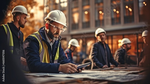 Architects and engineers on a construction site check documents with a group of businesspeople..