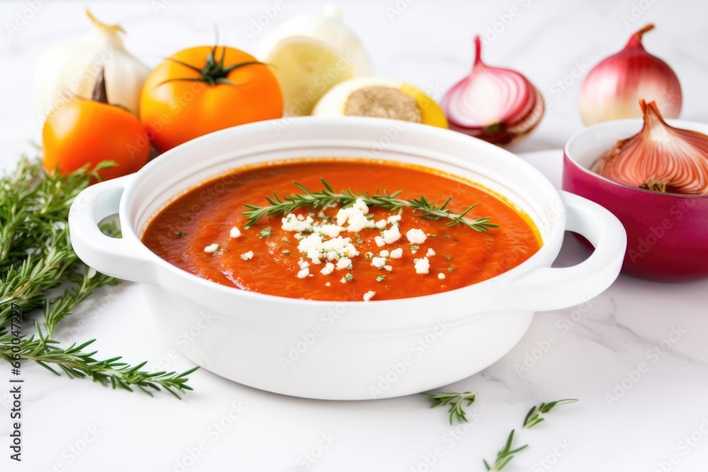 tomato-based detox soup on a white countertop tomato-based detox soup on a white countertop