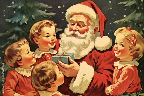  vintage 1950s santa claus bringing gifts to happy children