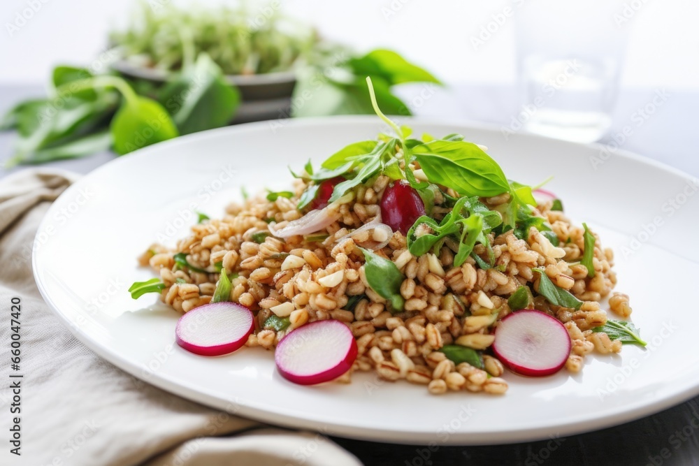 farro salad on a white plate with natural light farro salad on a white plate with natural light