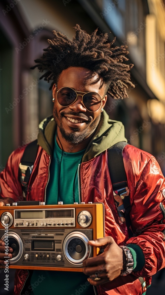 Hip Black man carrying a boombox and grinning at the camera in a ...