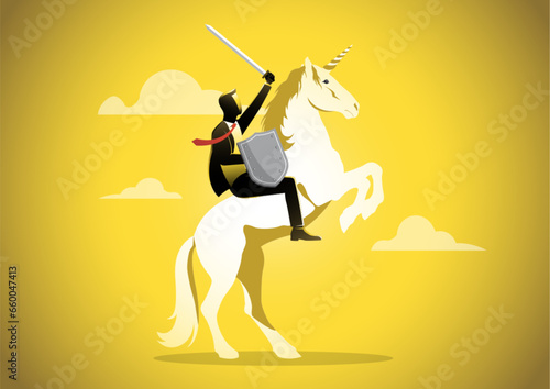Businessman riding a unicorn holding sword and shield business concept © tujuh17belas