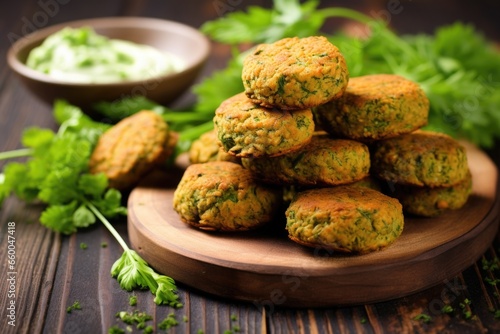 pile of freshly made falafel on a rustic wooden board