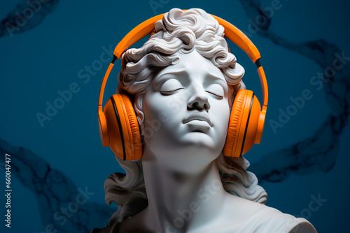 white marble bust on pedestal of a woman aphrodite with eyes closed, feeling the music with orange headphones, blue plain background