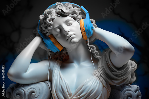 white marble bust on pedestal of a woman aphrodite with eyes closed, feeling the music with blue headphones, blue plain background photo