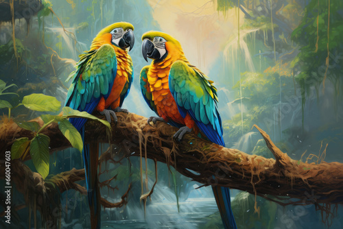 Blue and Yellow Macaws sitting on a branch in the Jungle © Prime Lens