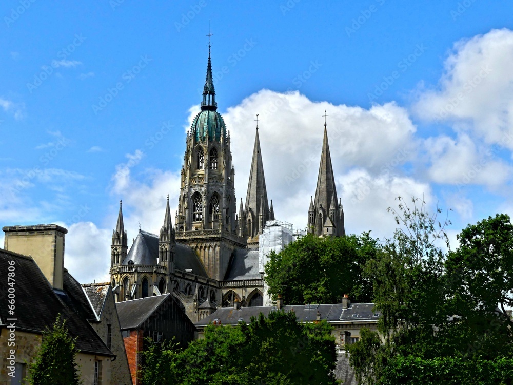 Bayeux, August 2023 - Visit the magnificent medieval town of Bayeux in Normandy - View of the magnificent Notre-Dame de Bayeux cathedral