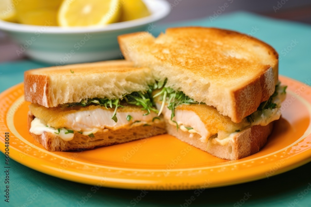 lightly toasted fish sandwich on a pastel plate lightly toasted fish sandwich on a pastel plate