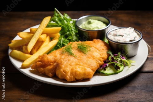 fish and chips served with a side salad