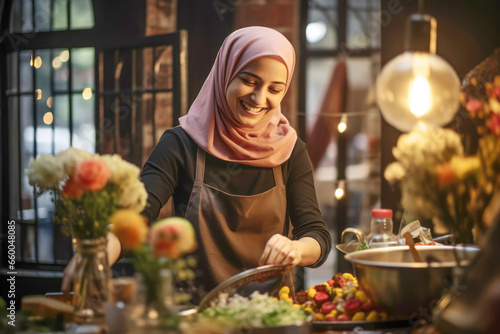 young and elegant Arab woman in her home kitchen, reflecting the rich culinary traditions and the nurturing spirit that make mealtime a cherished ritual in her household.