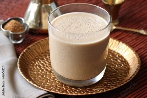 frothy flaxseed smoothie in a frosted glass on a placemat
