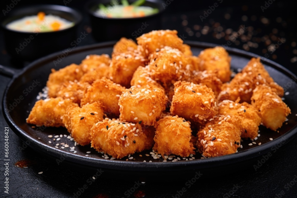 boneless fried chicken bites on a black plate boneless fried chicken bites on a black plate