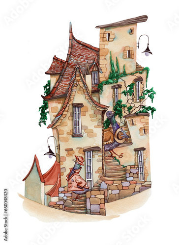 A town with architecture in the style of the South of France. Watercolor house with inhabitants.