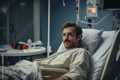 Middle aged european man with a mustache in a hospital room in support of men s health and the movember community
