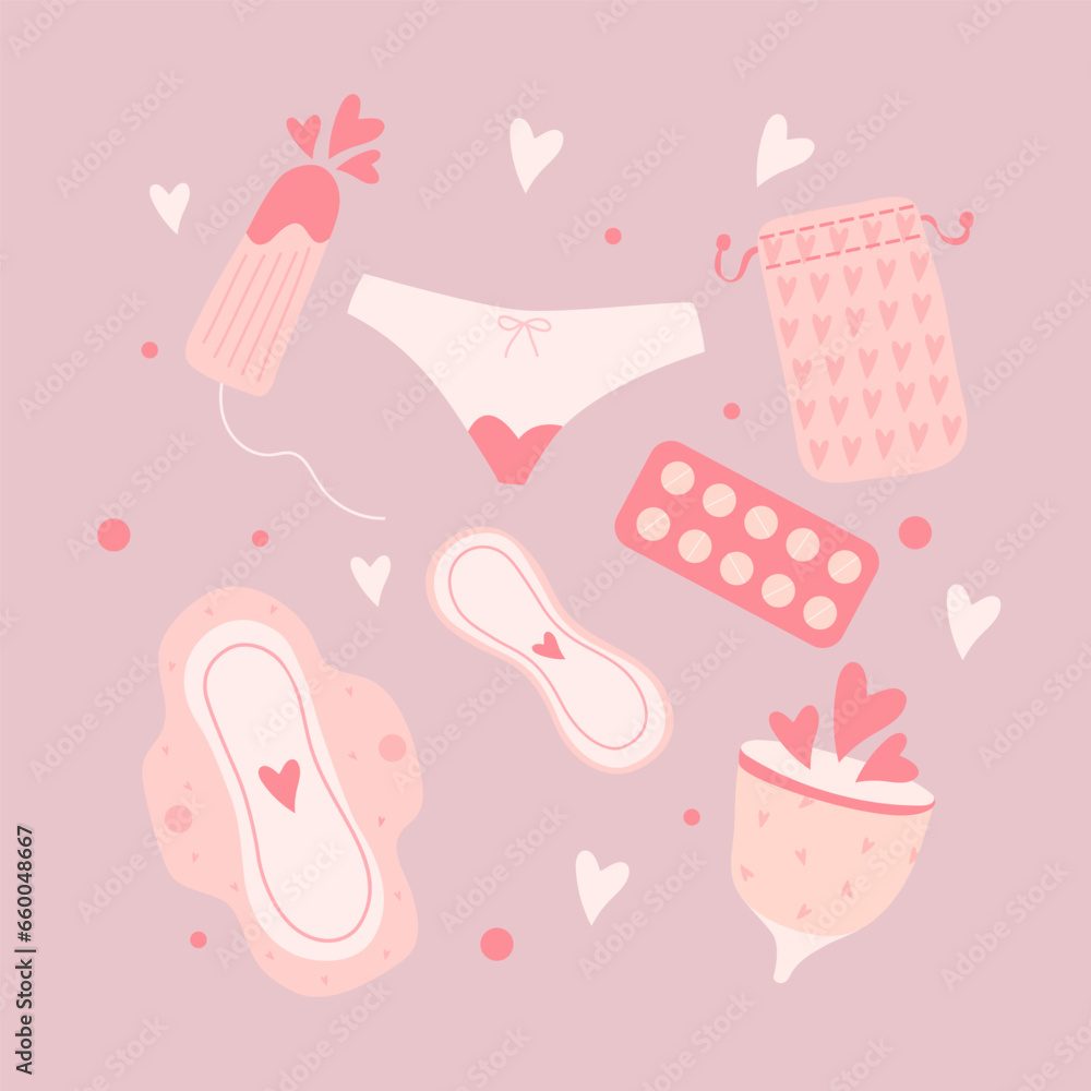 Menstruation theme. Period. Various feminine hygiene products. Zero waste objects. Panties, pads, cups. Menstrual protection, feminine hygiene. Hand drawn vector illustration. Elements are isolated