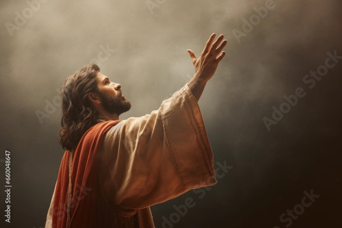 The figure of Jesus in a beautiful robe with a raised hand