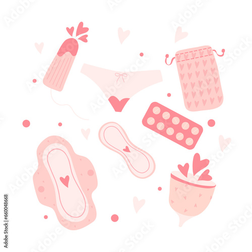 Menstruation theme. Period. Various feminine hygiene products. Zero waste objects. Panties, pads, cups. Menstrual protection, feminine hygiene. Hand drawn vector illustration. Elements are isolated