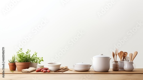 Empty space for text in a kitchen themed mockup with a teapot cooking utensils rolling pin cutting board and bowls on a white background