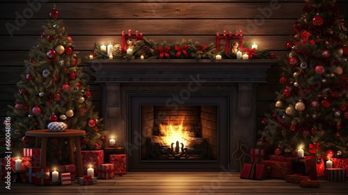 Festive wooden table with Christmas tree and fireplace