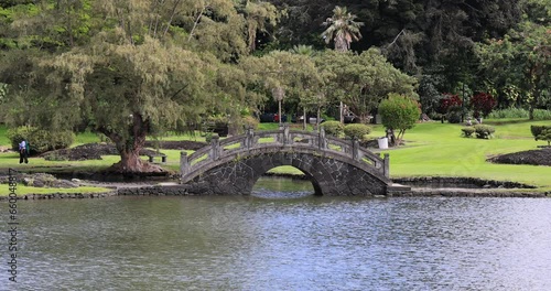 Hilo Hawaii Japanese Gardens Liliuokalani park arched. Big Island. Liliʻuokalani Park and Gardens, Hilo. Largest Japanese garden park outside of Japan. Ponds, bridges, pagodas, statues and teahouse.. photo