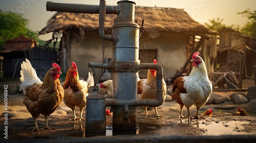 Hens freely roam and drink ...