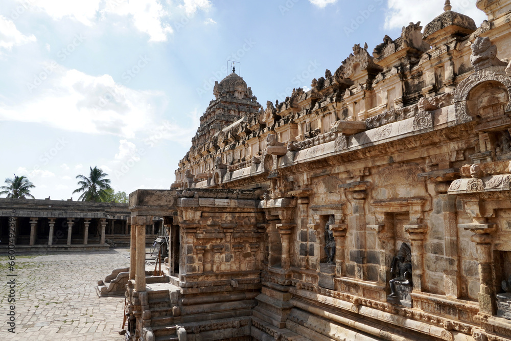 Hindu temple tower. Ancient Airavatesvara Temple in Darasuram, Kumbakonam, Tamilnadu.