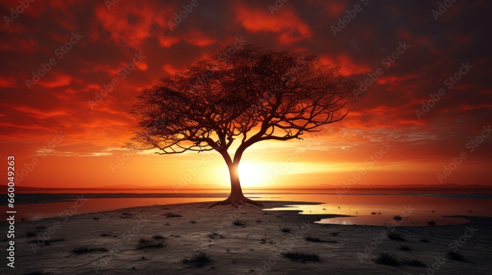 Lonely tree s silhouette in serene arid sunset Lonely tree s silhouette in serene arid sunset