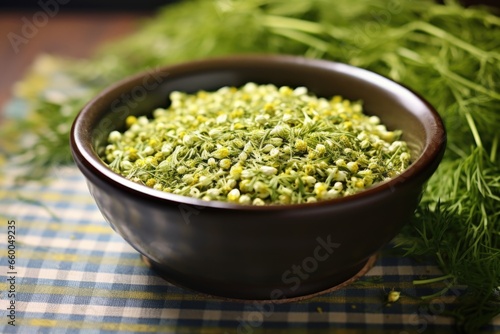 closeup of loose chamomile tea leaves in a ceramic bowl