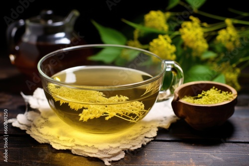 closeup view of a brewing elderflower tea in a teapot