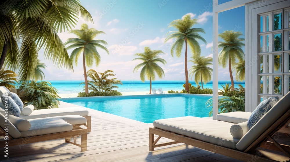 Fototapeta premium Luxurious resort pool with palm trees and blue water